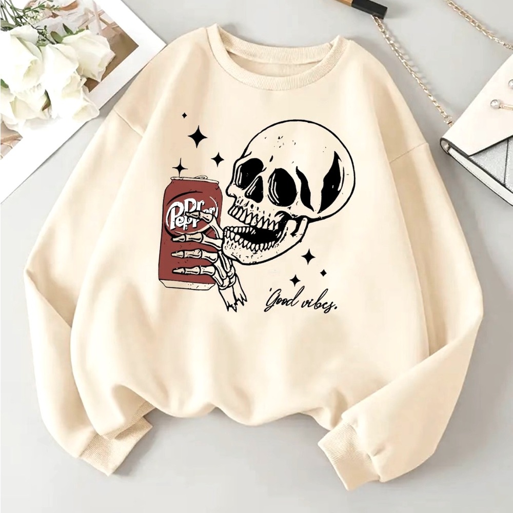 Women's Halloween Skull Print Drop Shoulder Sweatshirt, Downtown Girl Outfit